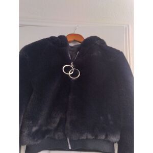 Faux‎ Fur Hooded Jacket Cropped Bomber Style Silver Hardware
